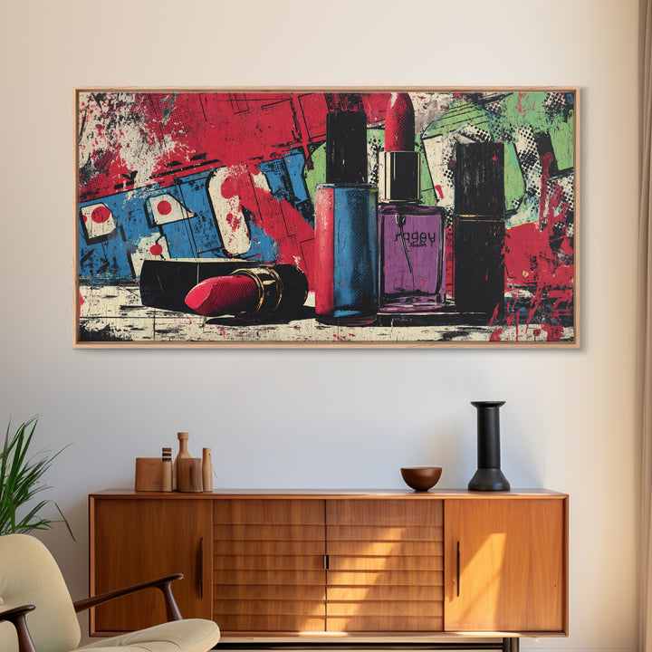 Lipstick and Perfume Fashion Still Life Canvas Print, Pop Art, Custom Portrait, Living Room Decor, Fine Art, Pop, Mexican Art, POP-2x1-64