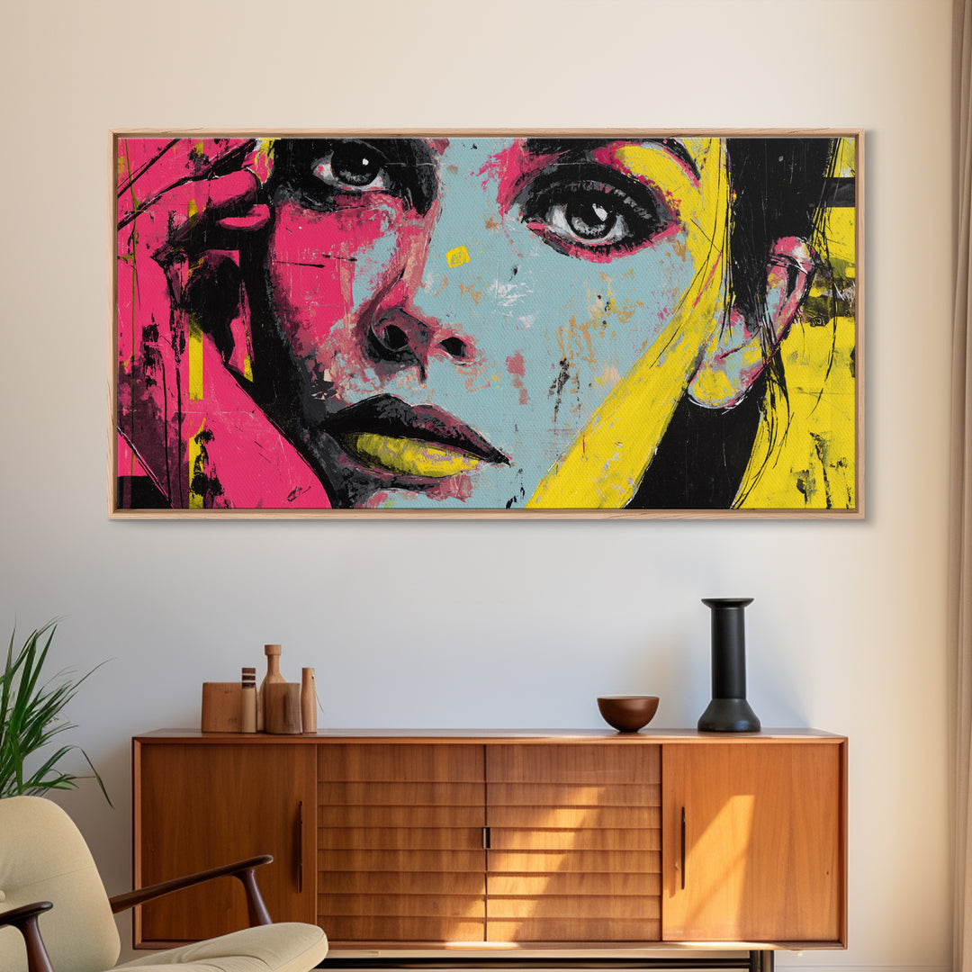Neon Portrait with Thick Black Outlines Framed Canvas Print, Pop Art, Canvas, Living Room Decor, Oil Painting, Pop, Food Art, POP-2x1-72