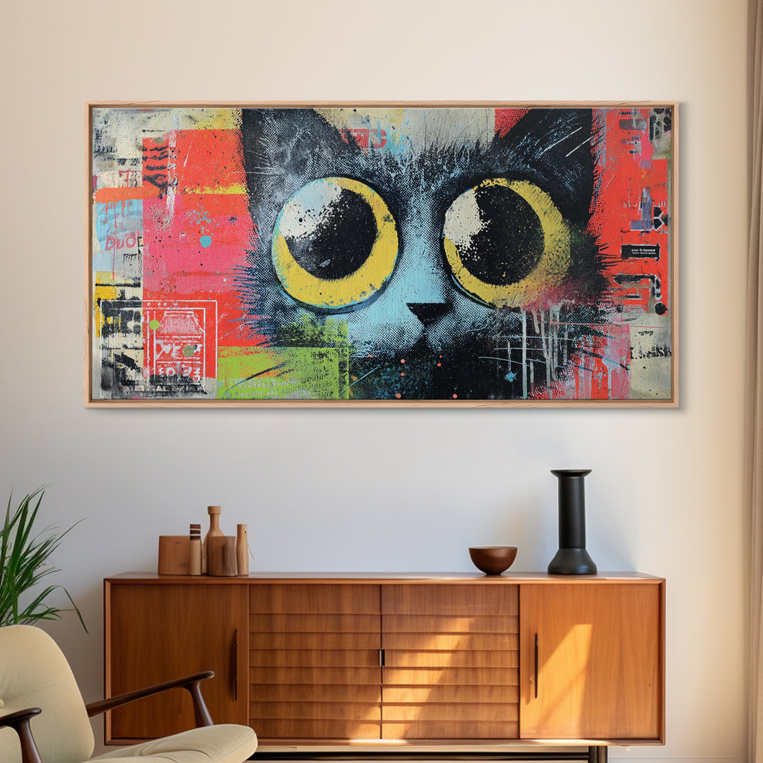 Comic Cat with Oversized Eyes Framed Canvas Print, Pop Art, Home Decor, Living Room Decor, Fine Art, Pop, Canvas Wall Art, POP-2x1-86