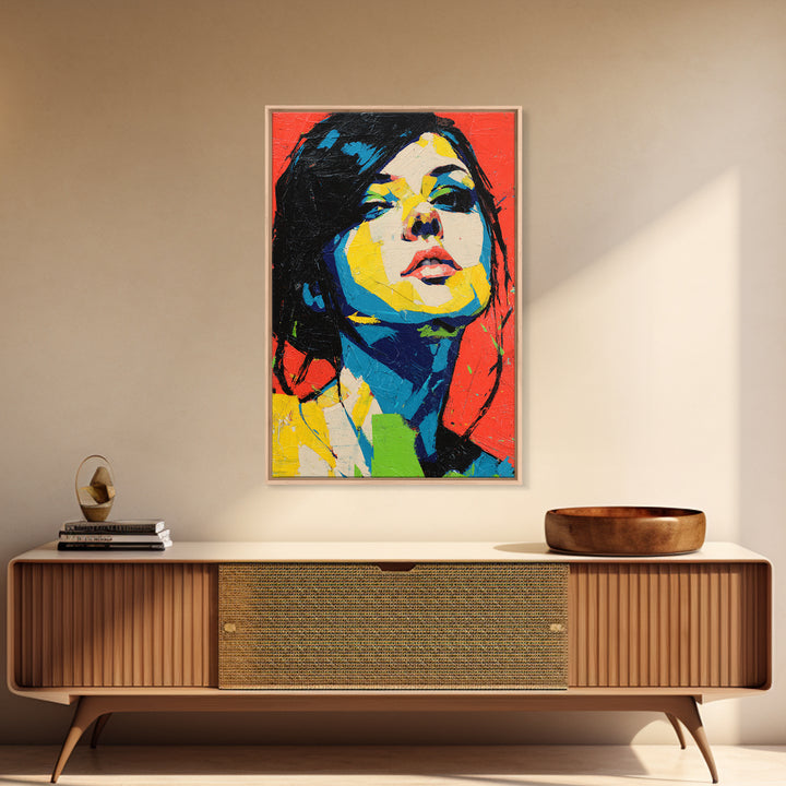 Neon Portrait with Thick Black Outlines Framed Canvas Print, Pop Art, Minimalist Decor, Living Room Decor, Fine Art, Pop, POP-2x3-12