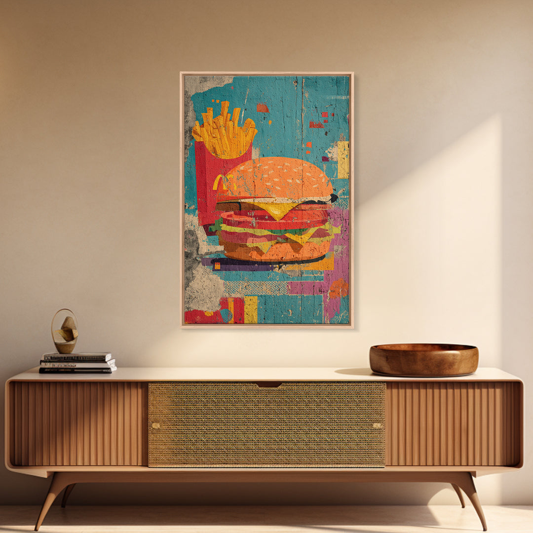 Hamburger and Fries Framed Canvas Print, Pop Art, Wall Decor, Living Room Decor, Abstract Art, Pop, Portrait, Apartment Decor, POP-2x3-17
