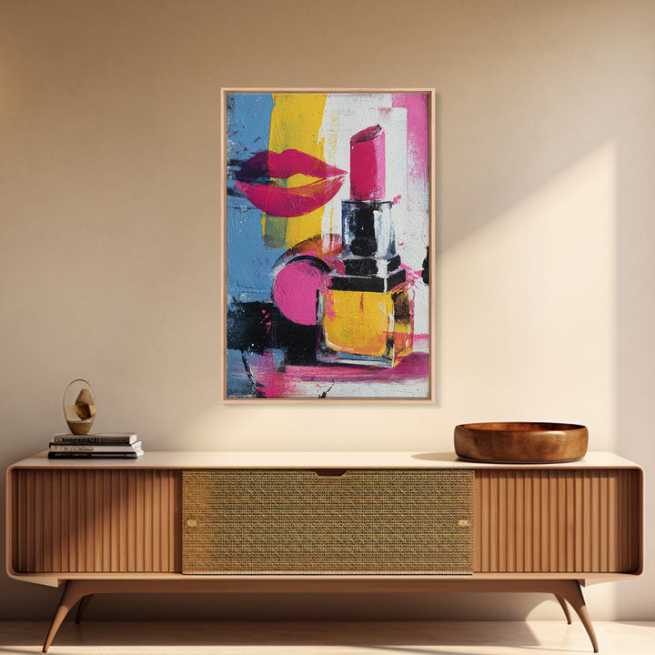 Lipstick and Perfume Fashion Still Life Framed Canvas Print, Pop Art, Canvas Wall Art, Living Room Decor, Fine Art, Pop, POP-2x3-28