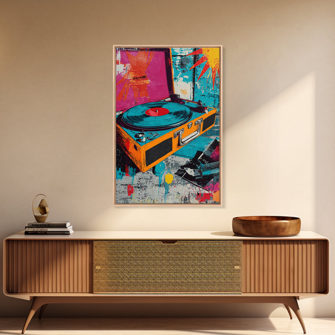 Record Player with Graphic Sound Rays Canvas Print, Pop Art, Minimalist Decor, Living Room Decor, Fine Art, Pop, Oil Painting, POP-2x3-54