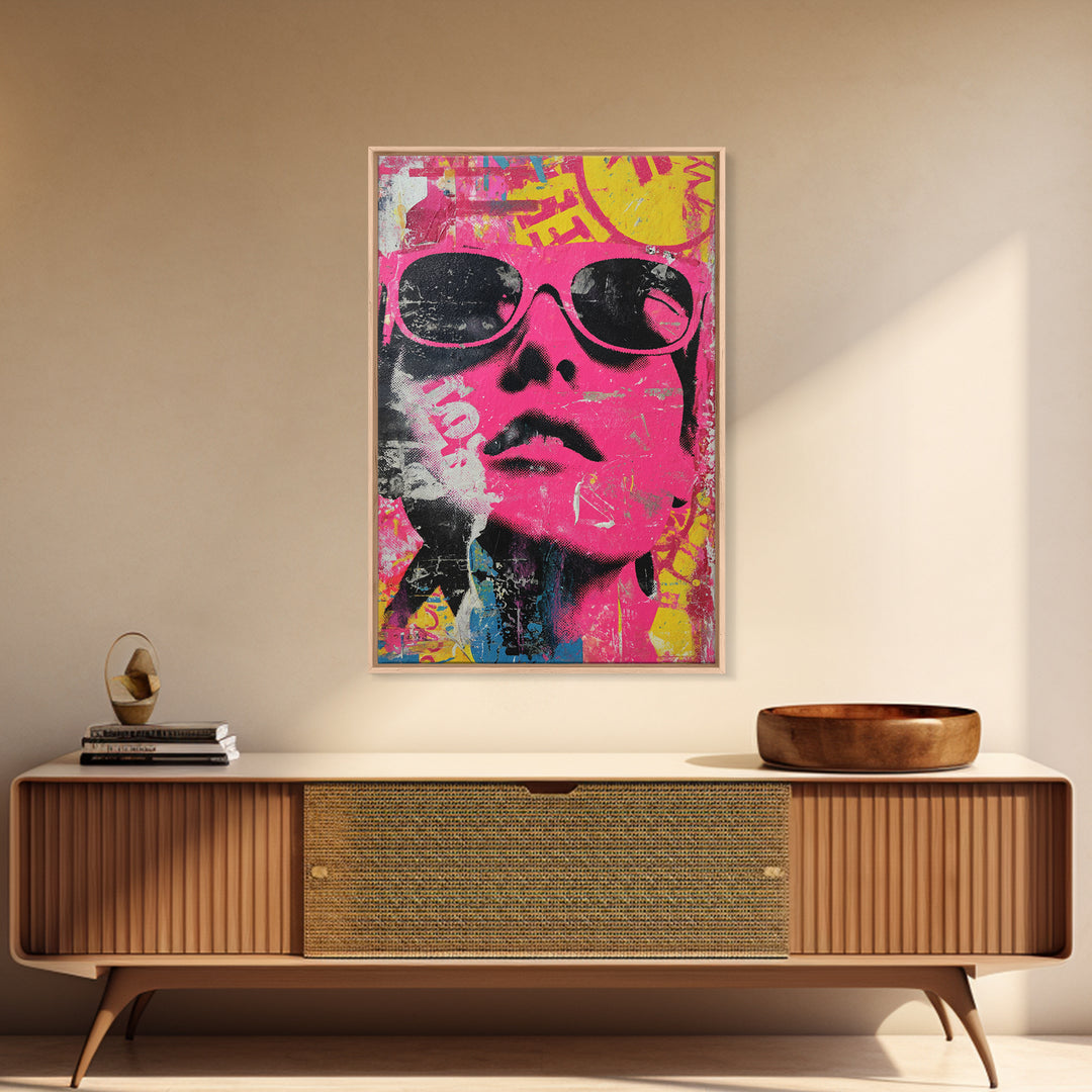 Glamorous Sunglasses Face Framed Canvas Print, Pop Art, Custom Portrait, Living Room Decor, Fine Art, Pop, Mexican Art, POP-2x3-88