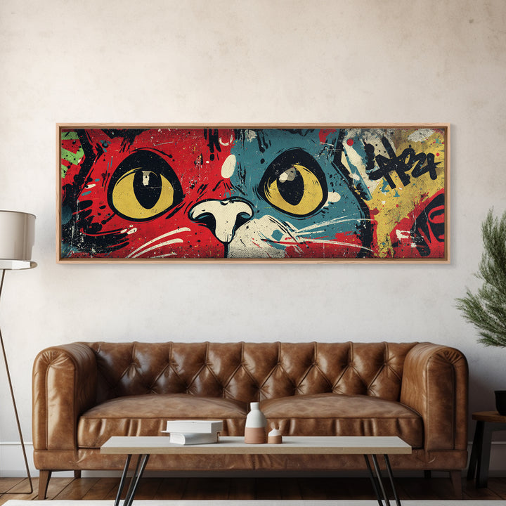 Comic Cat with Oversized Eyes Framed Canvas Print, Pop Art, Original Art, Living Room Decor, Fine Art, Pop, Original Artwork, POP-3x1-58