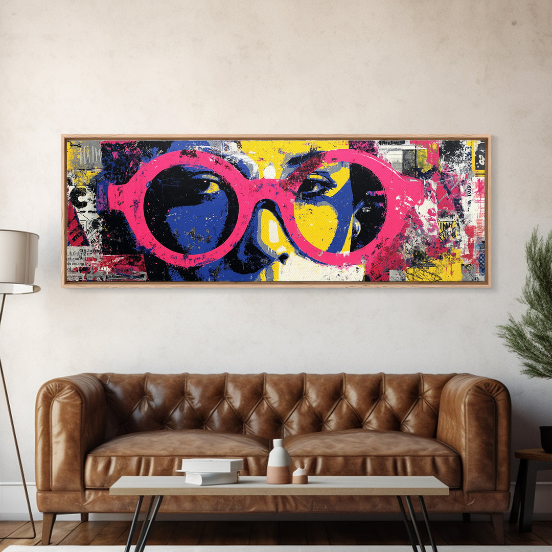 Glamorous Sunglasses Face Framed Canvas Print, Pop Art, Wall Art, Living Room Decor, Pop, Original Art, Canvas Wall Art, POP-3x1-72