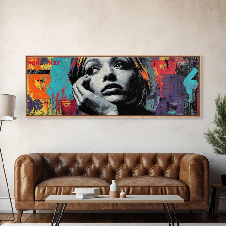 Neon Portrait with Thick Black Outlines Canvas Print, Pop Art, Painting, Living Room Decor, Fine Art, Pop, Apartment Decor, POP-3x1-92