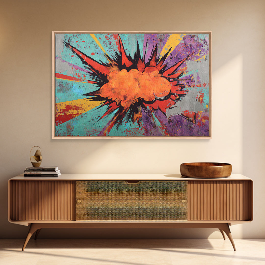 Exploding Starburst Shapes Without Text Framed Canvas Print, Pop Art, Custom Portrait, Living Room Decor, Fine Art, Pop, POP-3x2-14