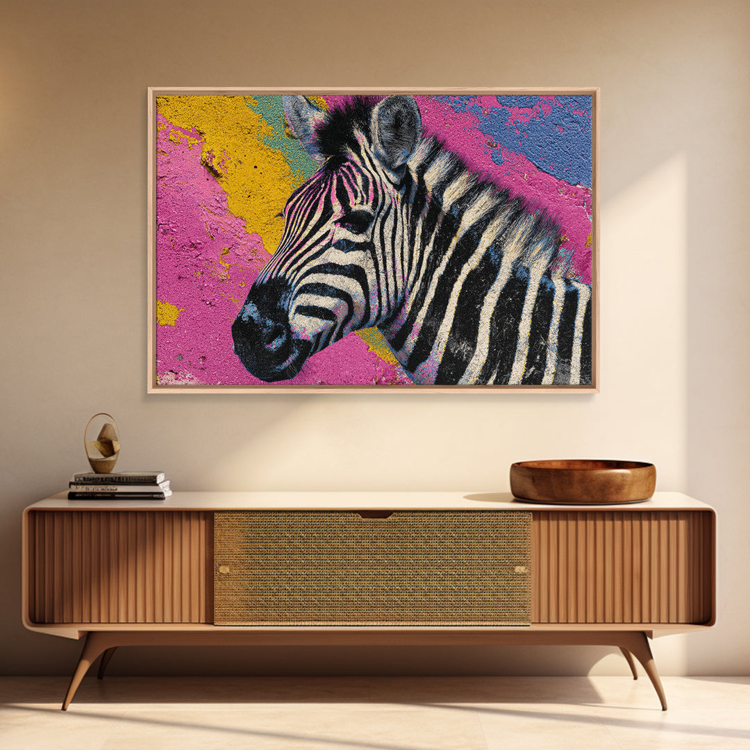 Zebra in Rainbow Pop Pattern Framed Canvas Print, Pop Art, Canvas Painting, Living Room Decor, Watercolor Art, Pop, POP-3x2-41