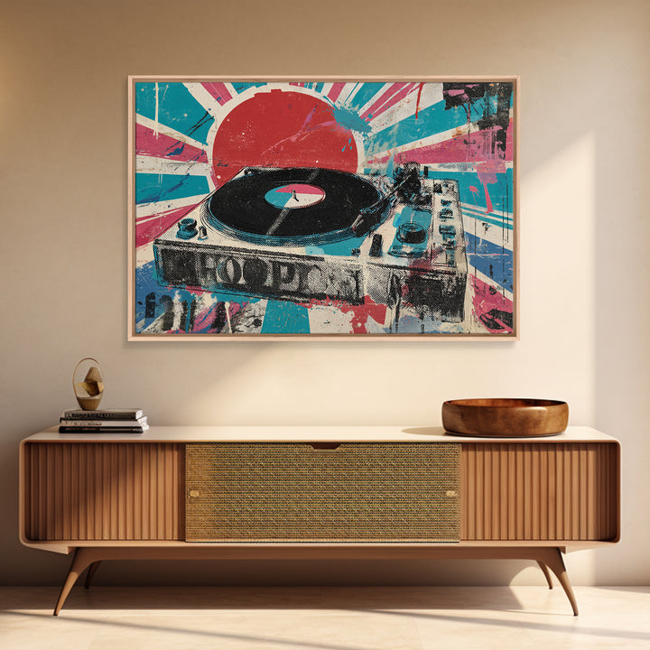 Record Player with Graphic Sound Rays Framed Canvas Print, Pop Art, Bedroom Decor, Living Room Decor, Oil Painting, Pop, POP-3x2-74