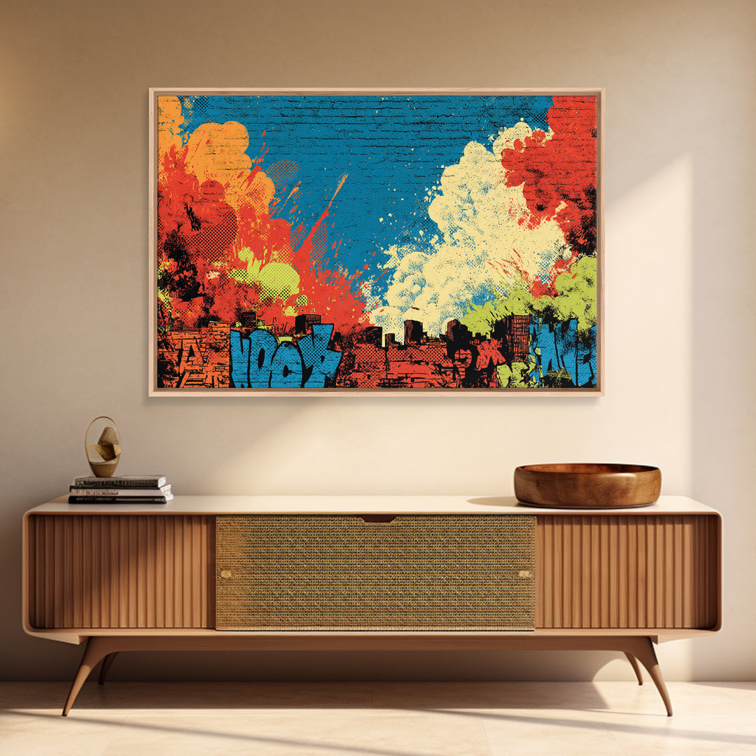 Comic Book City Skyline Framed Canvas Print, Pop Art, Football Wall Art, Living Room Decor, Abstract Art, Pop, Art Print, POP-3x2-81