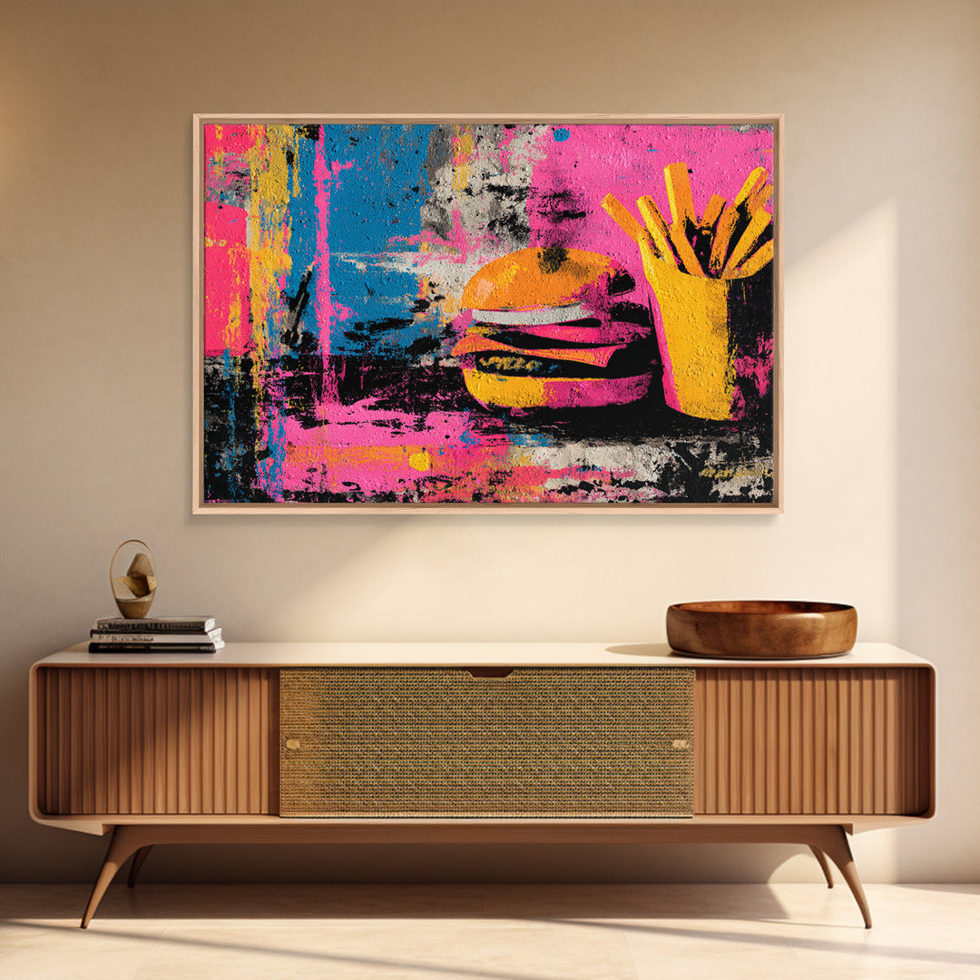 Hamburger and Fries Framed Canvas Print, Pop Art, Party Decor, Living Room Decor, Fine Art, Pop, Textured Painting, POP-3x2-85
