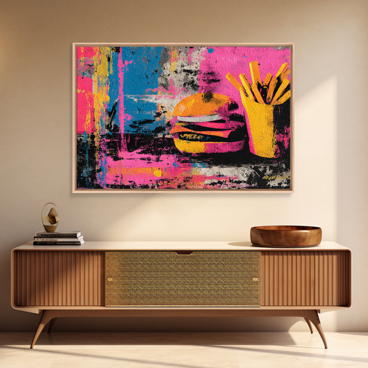 Hamburger and Fries Framed Canvas Print, Pop Art, Party Decor, Living Room Decor, Fine Art, Pop, Textured Painting, POP-3x2-85