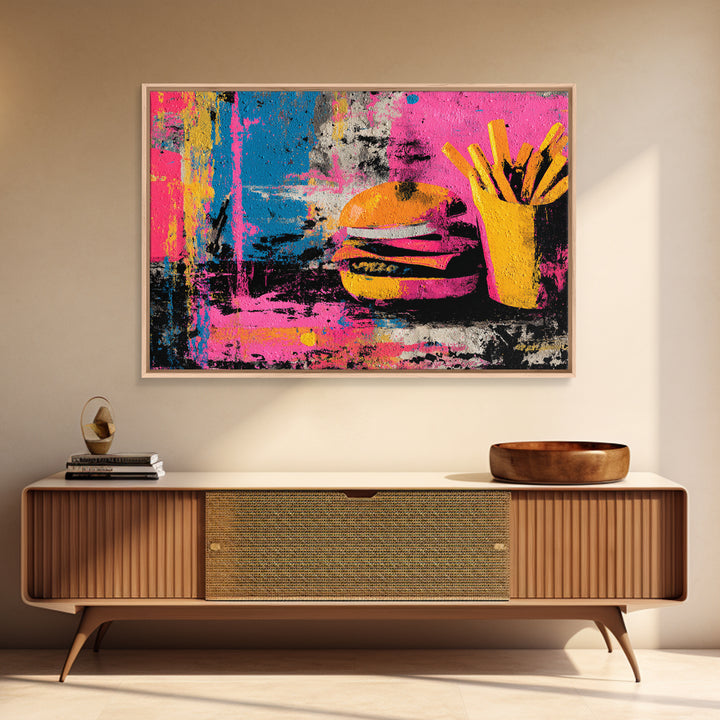 Hamburger and Fries Framed Canvas Print, Pop Art, Party Decor, Living Room Decor, Fine Art, Pop, Textured Painting, POP-3x2-85