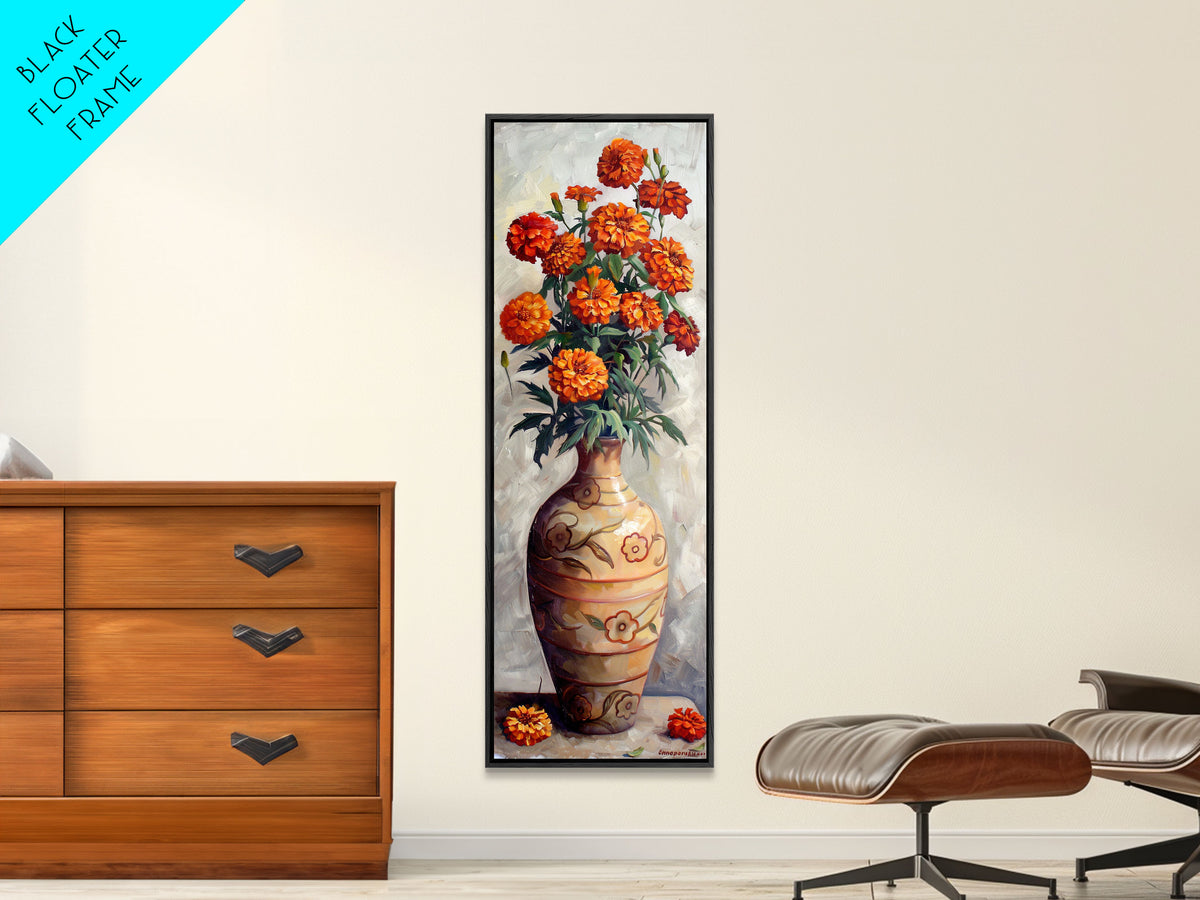 Orange Marigolds in Vase Painted on Textured Canvas, Tall and Narrow Framed Art, Botanical Art Print for Kitchen, Gallery Art, Moody Art