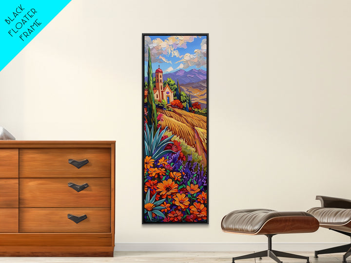 Framed and Printed Canvas Painting of Colorful Tuscan Countryside, Gouache Textured Canvas Painting, Botanical Wall Art Print, Skinny Art
