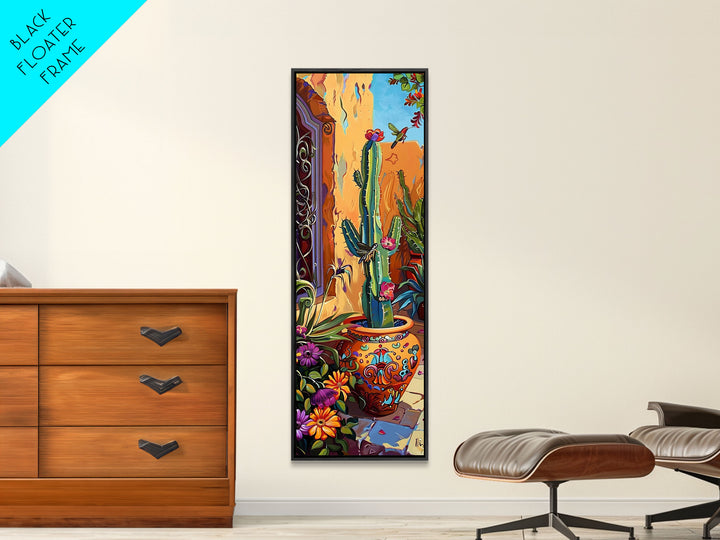 Colorful Canvas Painting of Cactus Framed, Botanical Wall Art Print, Spanish Inspired Canvas Painting, Long and Narrow Living Room Wall Art