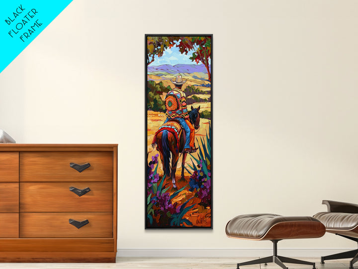 Long Narrow Wall Art Painting of Jalisco Cowboy, Southwest Wall Art Painting, Colorful Desert Canvas Painting Framed and Printed, Office Art