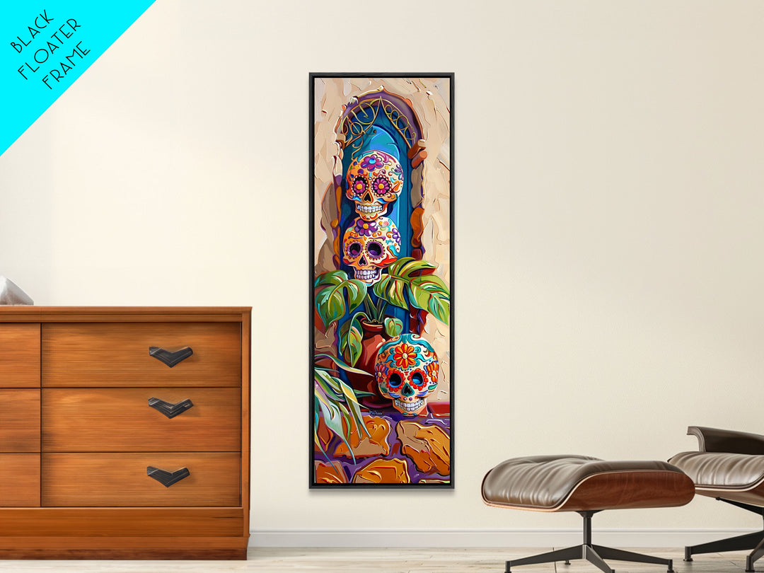 Day of The Dead Inspired Mexican Canvas Painting Framed, Long Narrow Wall Art Print, Spanish Style Home Decor, Contemporary Art Print