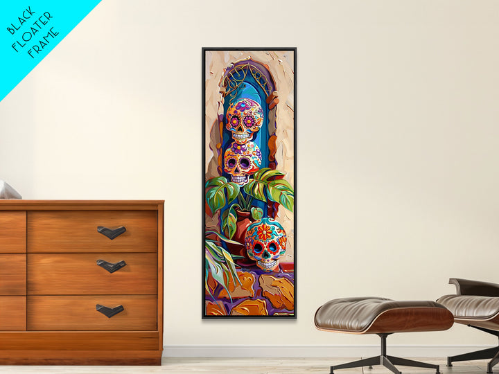 Day of The Dead Inspired Mexican Canvas Painting Framed, Long Narrow Wall Art Print, Spanish Style Home Decor, Contemporary Art Print