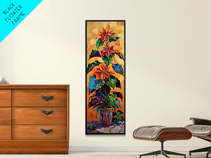 Oversized Spanish Style Poinsettia Canvas Painting Framed and Printed, Botanical Wall Art, Textured Canvas Painting, Vertical Framed Art
