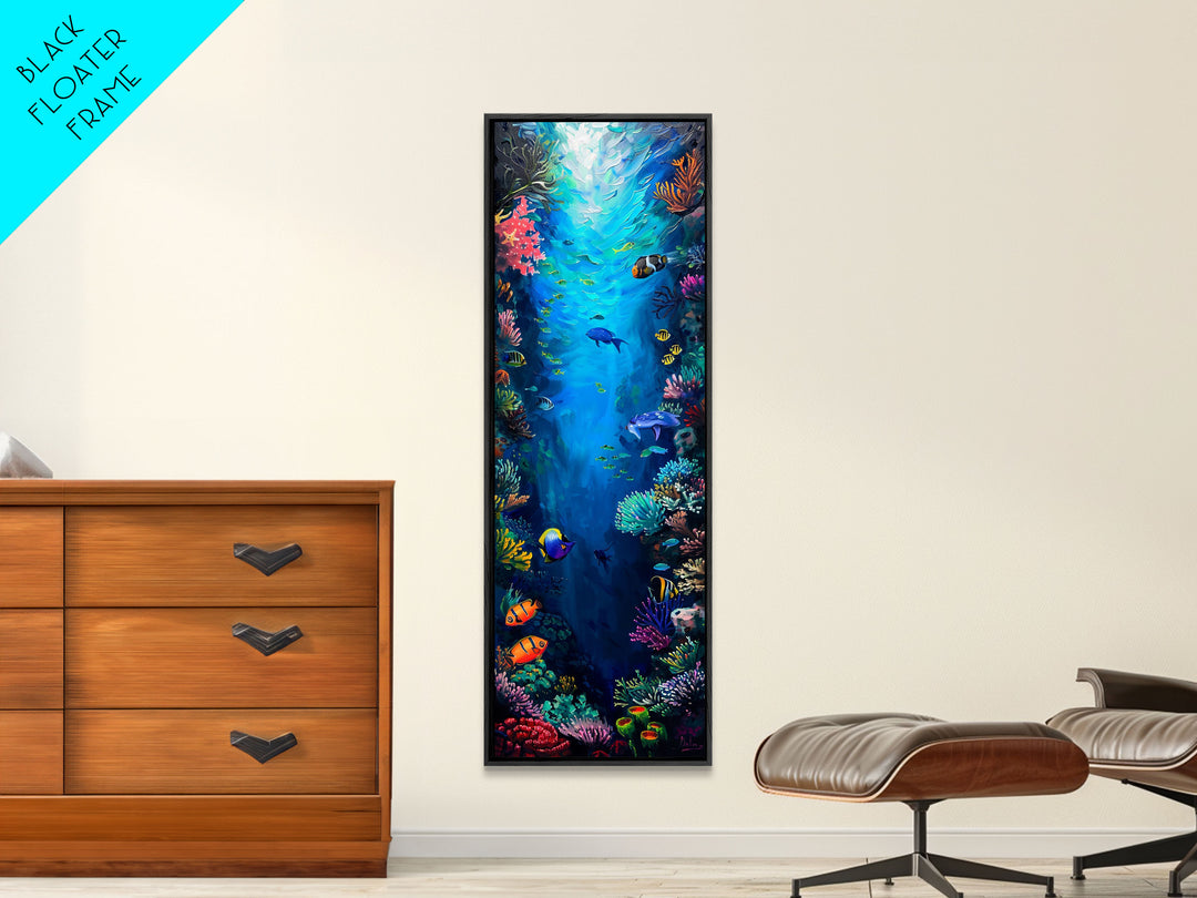 Oversized Vertical Framed Canvas Painting of Colorful Coral Reef, Ocean Painting Framed, Ocean Landscape Wall Art Print, Vibrant Art