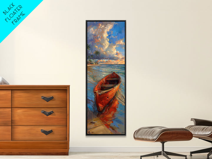 Red Boat on Sandy Shore with Palm Trees - Framed Canvas Print, Midcentury Modern Wall Art, Skinny Art, Tall Art, Living Room Decor