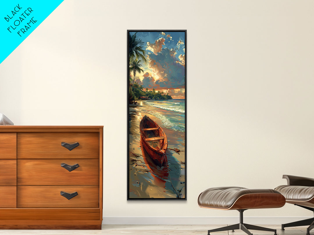 Red Boat Resting on the Shoreline - Framed Canvas Print, Midcentury Modern Wall Art, Skinny Art, Tall Art, Living Room Decor