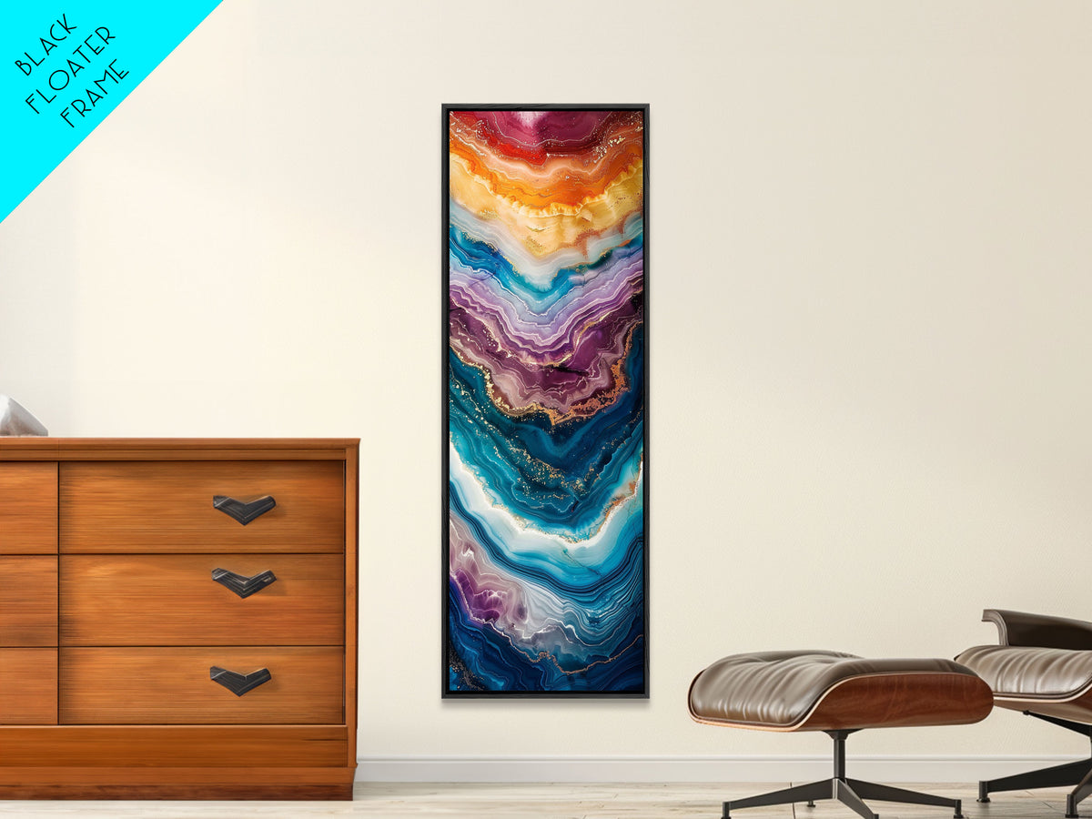 Multicolor Layered Geode Art - Framed Canvas Print, Midcentury Modern Skinny Art, Tall Wall Art for Living Room or Bedroom Decor
