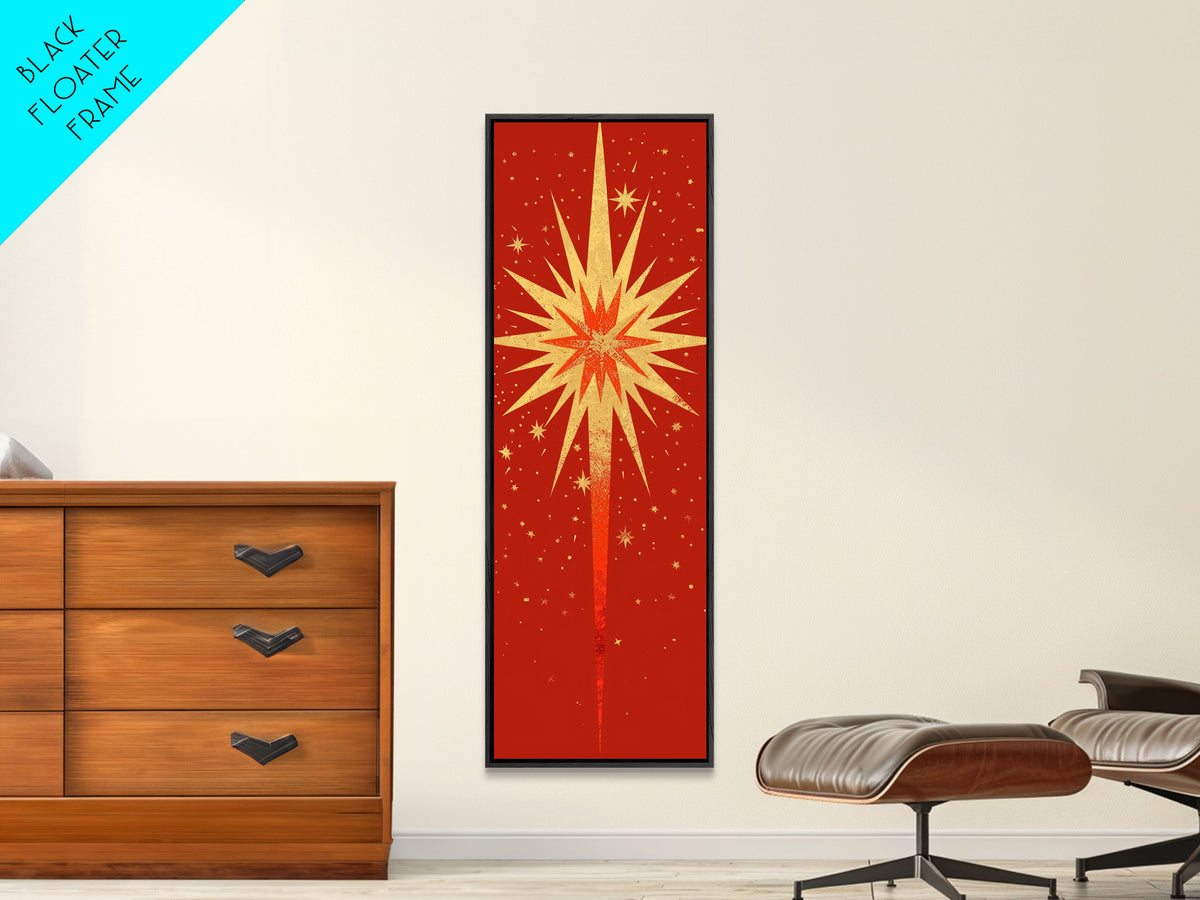 Retro Sunburst Art on Distressed Background - Framed Canvas Print, Midcentury Modern Skinny Art, Tall Wall Art for Living Room or Bedroom Decor