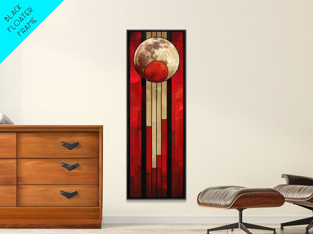 Lunar and Sun Geometric Art in Red and Beige Tones - Framed Canvas Print, Midcentury Modern Art, Skinny Art, Tall Art, Living Room Wall Decor