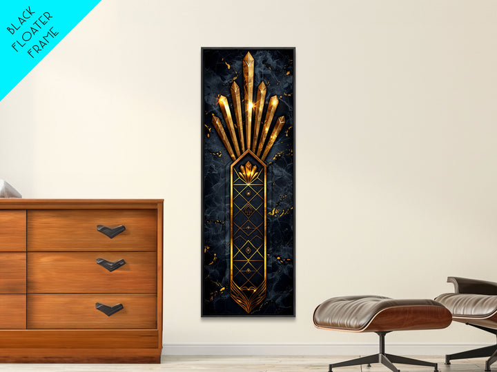 Gold Geometric Art Deco Pattern on Black Background - Framed Canvas Print, Midcentury Modern Art, Skinny Art, Tall Art, Living Room Wall Decor