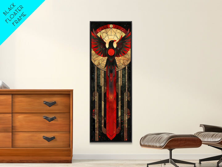 Red and Gold Phoenix Design on Geometric Background - Framed Canvas Print, Midcentury Modern Art, Skinny Art, Tall Art, Living Room Wall Decor, Boho Art