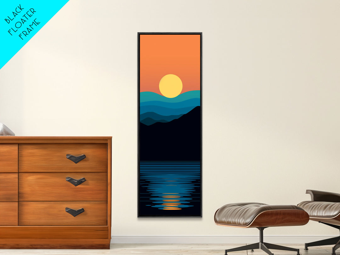 Minimalist Sunset Over Mountains Midcentury Modern Art - Framed Canvas Print, Boho Art, Skinny Art, Living Room Art, Bedroom Decor, Landscape