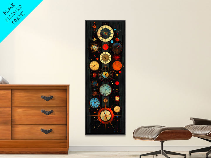 Interdimensional Wall Art, Retro Art Deco Clocks, Framed Canvas Print, Surrealist Decor