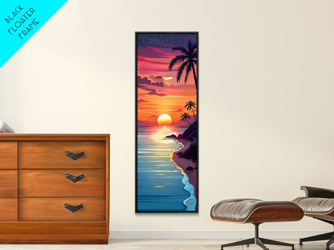 Coastal Sunset Palm Trees Midcentury Modern Art - Framed Canvas Print, Boho Art, Skinny Art, Living Room Art, Bedroom Decor, Tropical Landscape