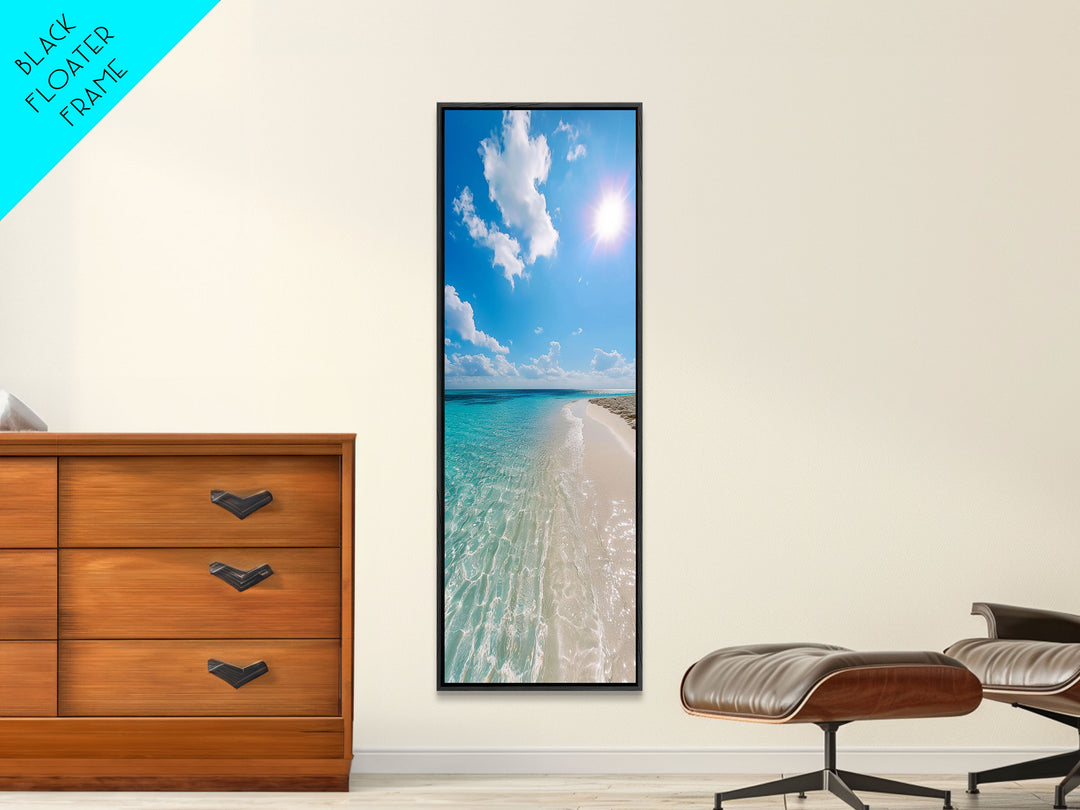 Serene Coastal Shoreline Landscape Painting in Blue and Orange Hues, Modern Framed Canvas Print, Ideal for Contemporary Wall Art Décor