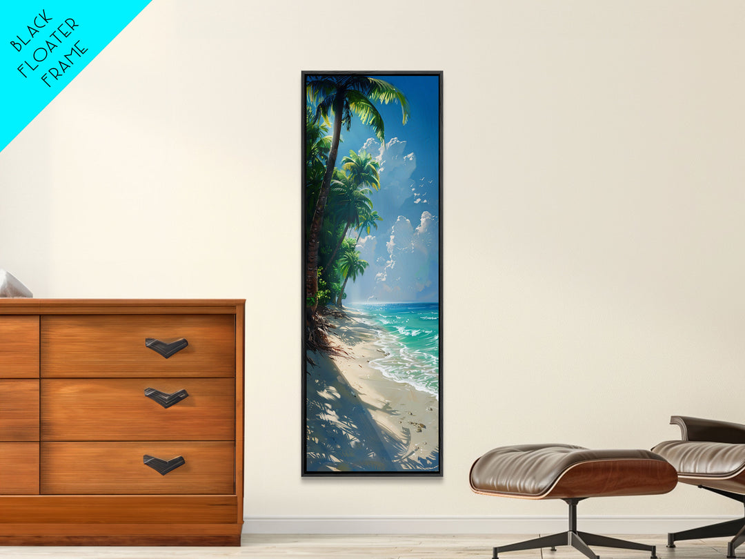 Lush Jungle With Flowing River And Bright Sunlight Skinny Art Framed Canvas Print For Living Room Or Guest Room Wall Decor
