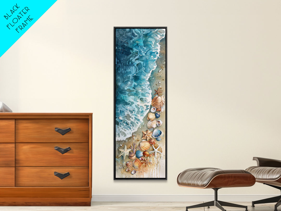 Coastal Beach Watercolor Painting - Framed Canvas Print, Skinny Tall Art, Wall Art for Living Room, Bedroom Decor, Beach Scene Art, Ocean View Print