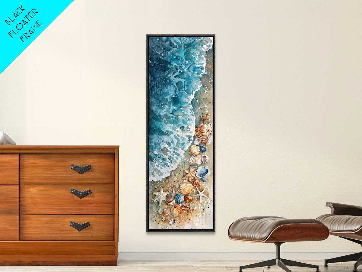 Coastal Beach Watercolor Painting - Framed Canvas Print, Skinny Tall Art, Wall Art for Living Room, Bedroom Decor, Beach Scene Art, Ocean View Print