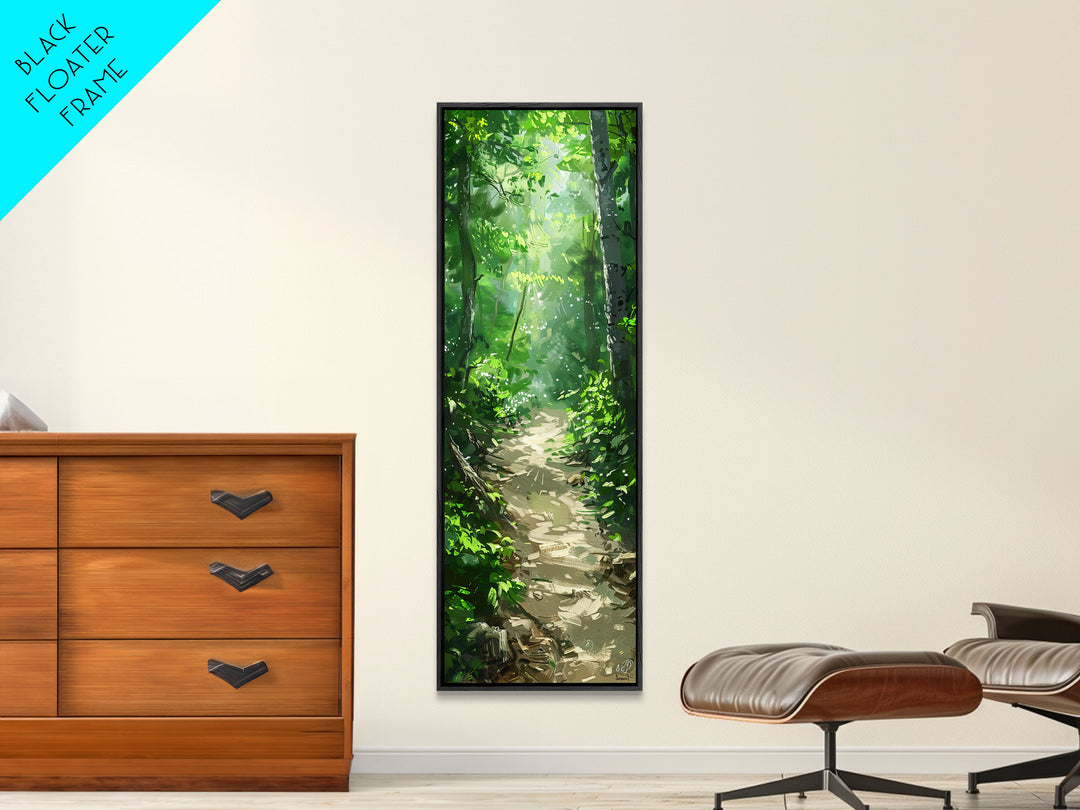 Lush Forest Pathway Art - Framed Canvas Print, Farmhouse Art, Boho Art, Skinny Art, Tall Art, Living Room Decor, Nature Wall Art for Home Decor