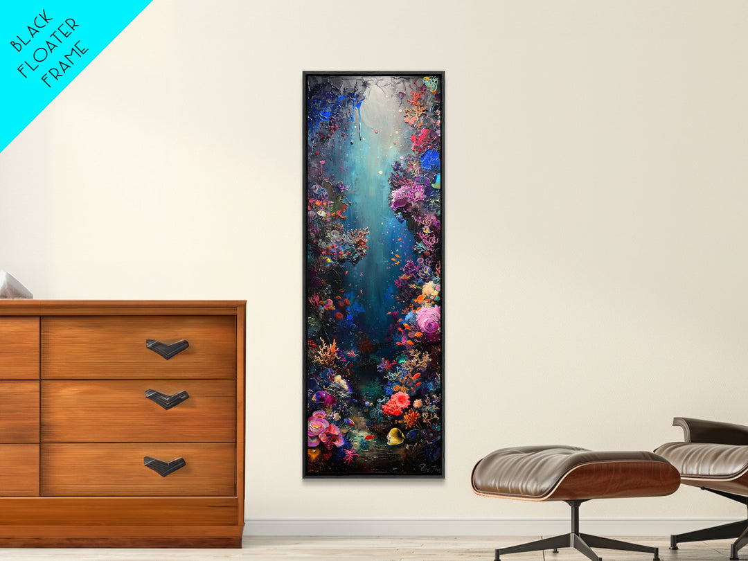 Deep Sea Adventure with Colorful Coral Reefs, Skinny and Tall Art, Stunning Framed Canvas Print, Underwater Landscape Wall Art