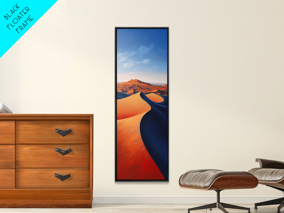 Serene Desert Dunes Under a Clear Sky, Skinny and Tall Art, Minimalist Framed Canvas Print, Modern Wall Decor