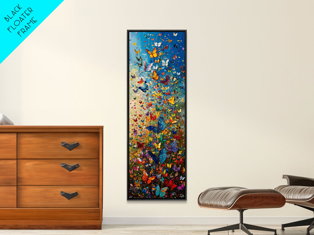 Burst of Colorful Butterflies in a Floral Meadow, Skinny and Tall Art, Energetic Framed Canvas Print, Vibrant Wall Art