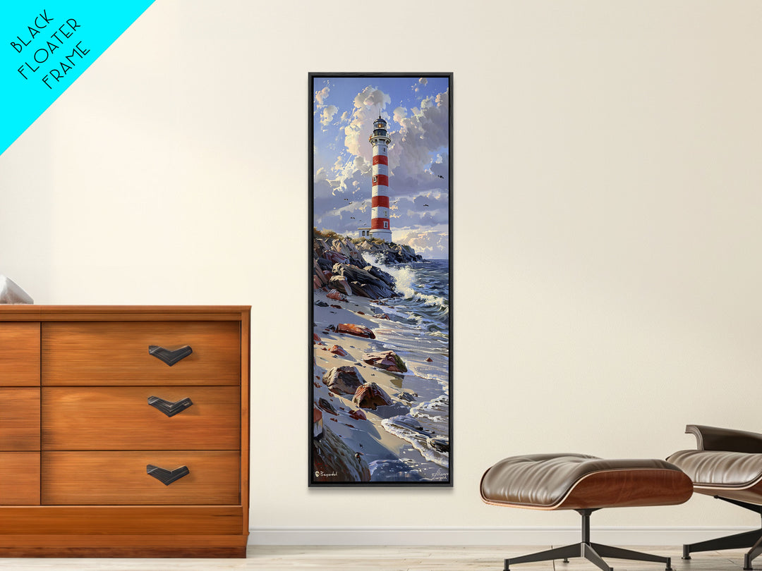 Framed Canvas Print Skinny Art of a Majestic Lighthouse Standing Tall Against a Bright Blue Sky with Waves Crashing on Rocky Shores, Perfect Tall Art