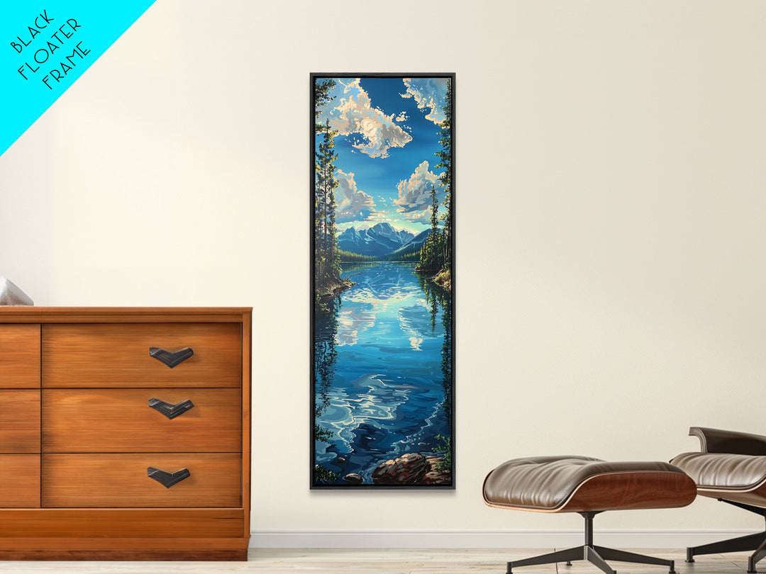 Framed Canvas Print Skinny Art of a Clear Lake Surrounded by Pine Trees with Majestic Mountains in the Distance Under a Blue Sky, Ideal Tall Landscape Art