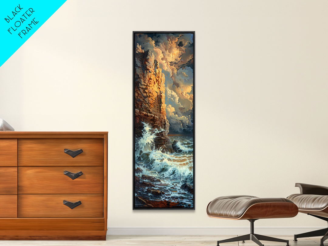 Majestic Cliffside and Crashing Waves in a Coastal Landscape on a Framed Canvas Print Tall Art Piece