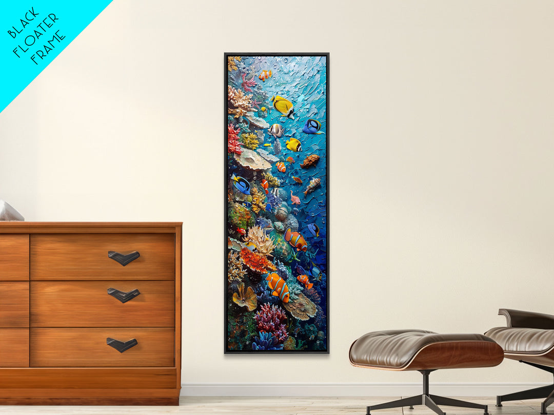 Vibrant Coral Reef Underwater Scene Featuring Diverse Tropical Fish on a Framed Canvas Print Skinny Art Piece