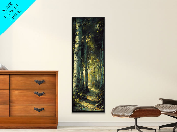 Serene Birch Tree Pathway in Tall Skinny Art Framed Canvas Print Perfect for Tranquil Wall Decor in Bedrooms or Study Rooms