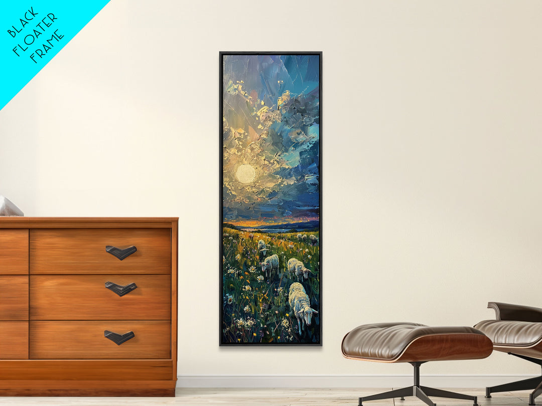 Lambs At Sunset Farmhouse Decor, Framed Canvas Print, Unique Wall Art, Skinny Art, Tall Wall Art, Art For Small Spaces